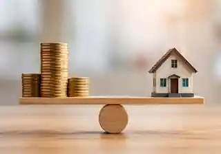 House and stacked coins balanced on a scale
