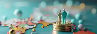 Retirement figures standing on coins over a world map
